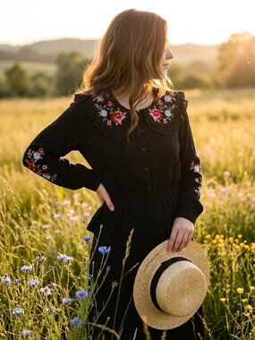 Savanna Jane Black Button-Front Blouse with Red Floral Embroidery
